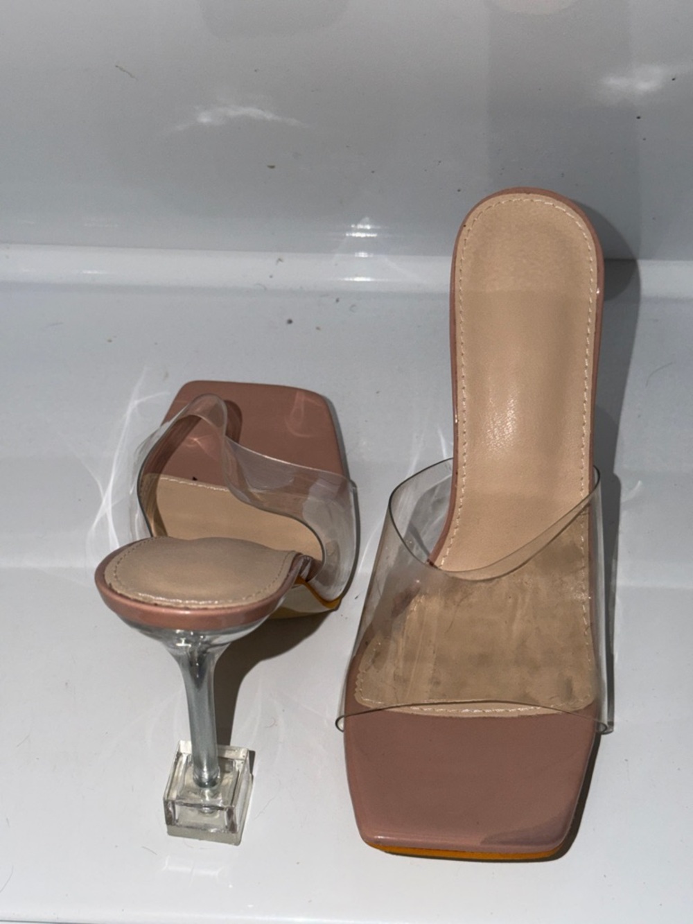 SHEIN Nude Clear Strap Square Toe Slide Heels